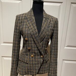 L'AGENCE Black and Tan Tweed Blazer with Gold Buttons